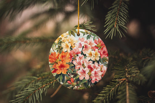 a floral ornament hanging from a pine tree