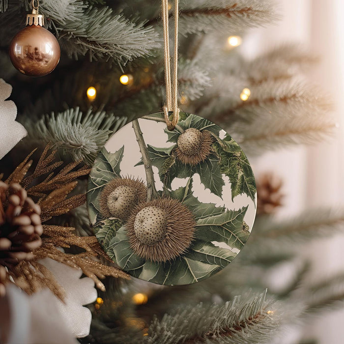 a christmas ornament hanging from a christmas tree