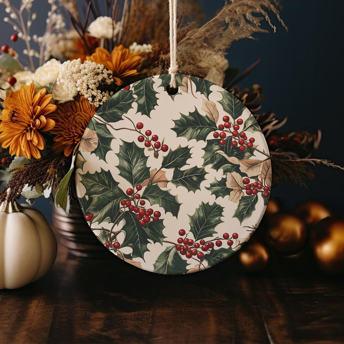 a plate with holly and berries on it sitting on a table
