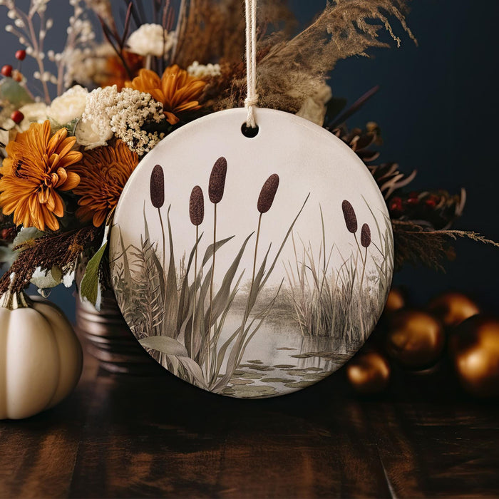 a ceramic ornament with a picture of a lake surrounded by fall flowers