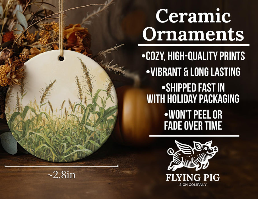 a ceramic ornament with a picture of a field of grass