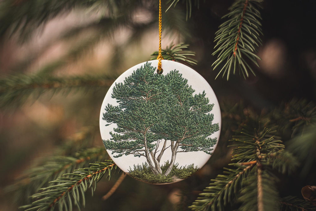 a christmas ornament hanging from a christmas tree