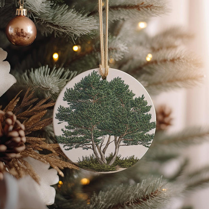 a christmas ornament hanging from a christmas tree