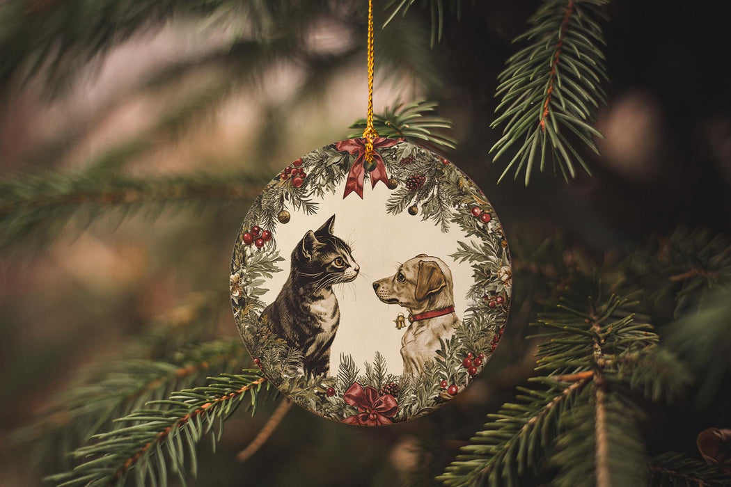a cat and dog ornament hanging from a christmas tree