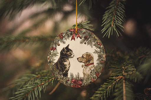 a cat and dog ornament hanging from a christmas tree