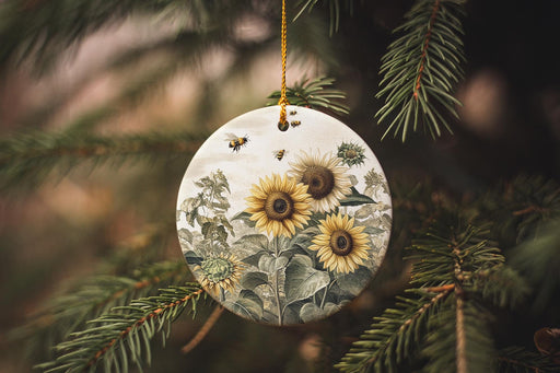 a ceramic ornament with sunflowers hanging from a tree
