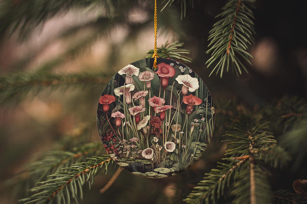 a christmas ornament hanging from a pine tree