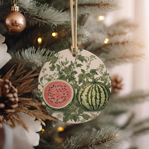 a watermelon ornament hanging from a christmas tree