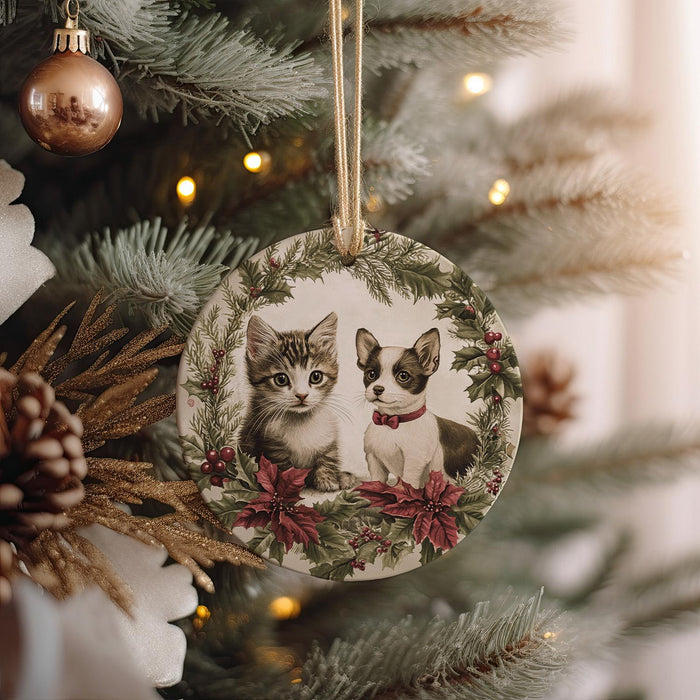 a christmas ornament with two cats on it