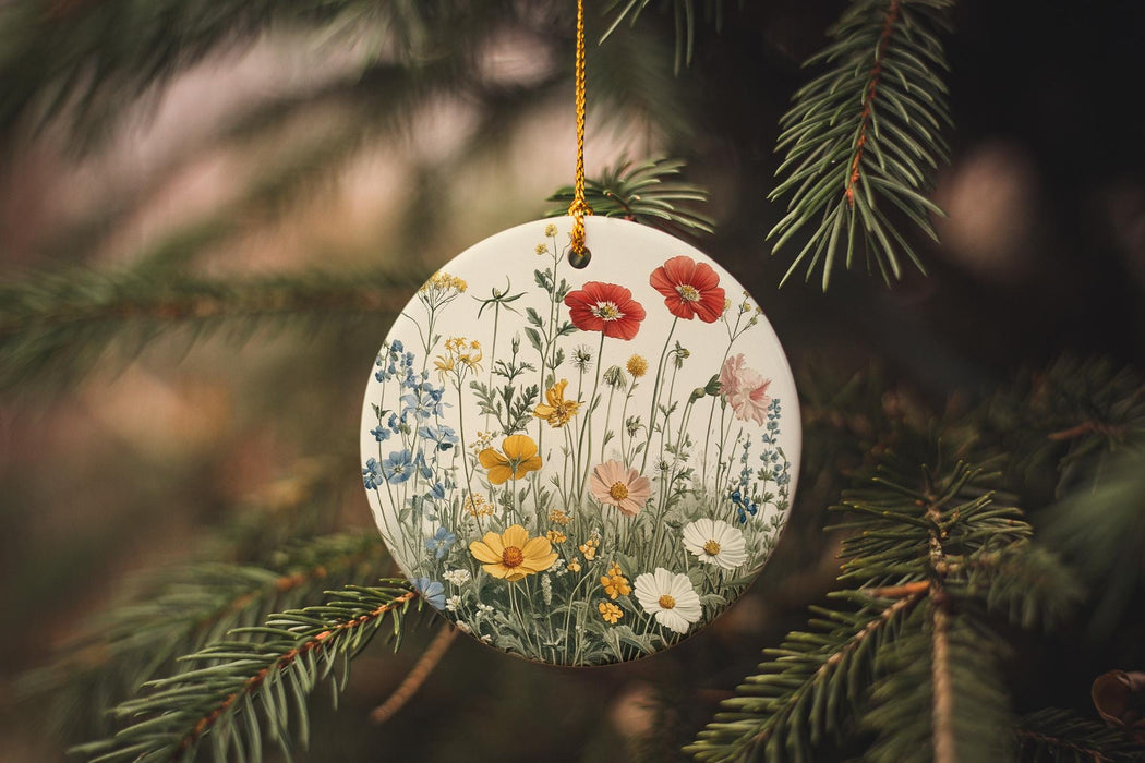 a ceramic ornament hanging from a pine tree