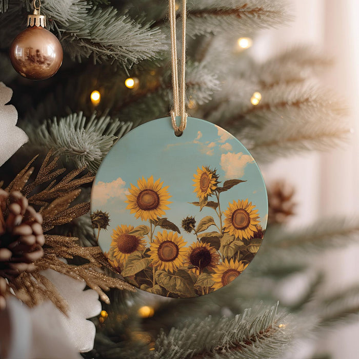 a sunflower ornament hanging from a christmas tree