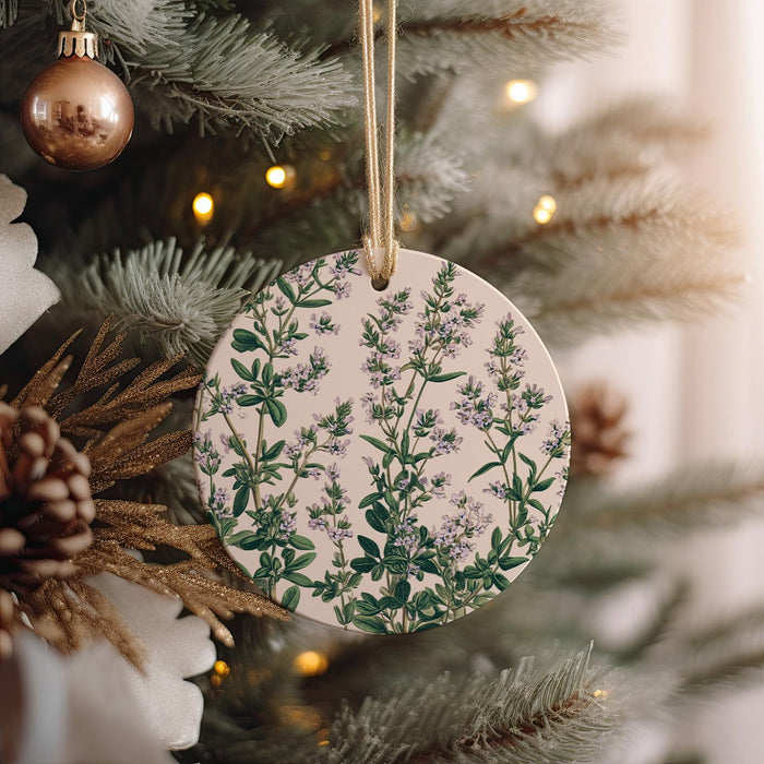 a ceramic ornament hanging from a christmas tree