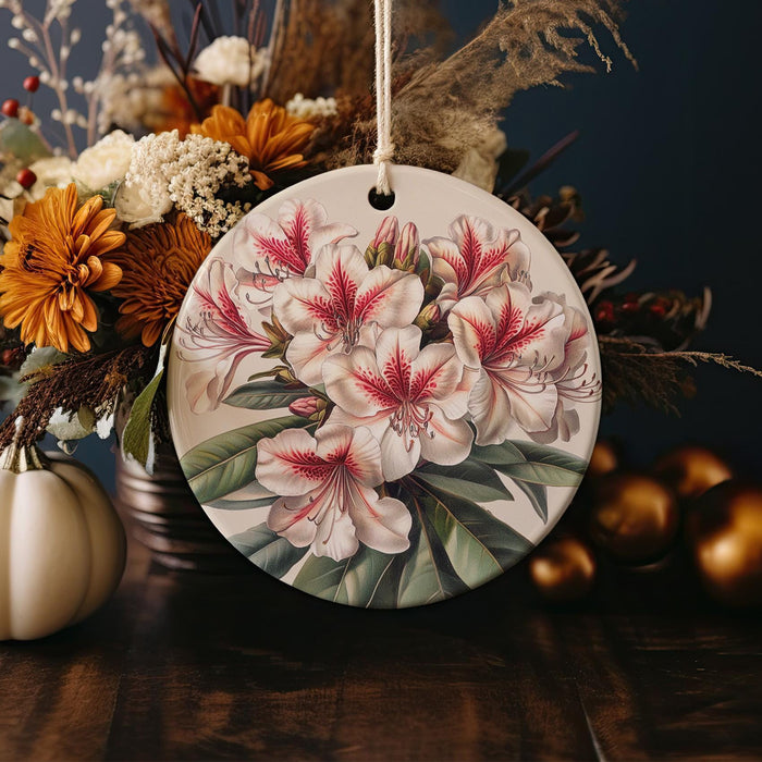 a floral ornament hanging on a table next to a vase of flowers