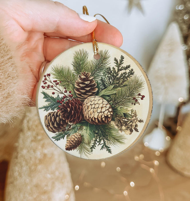 a person holding a christmas ornament in their hand