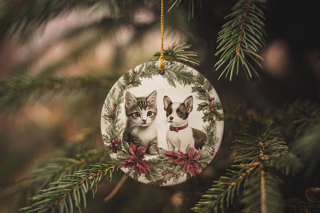 a christmas ornament with two kittens on it