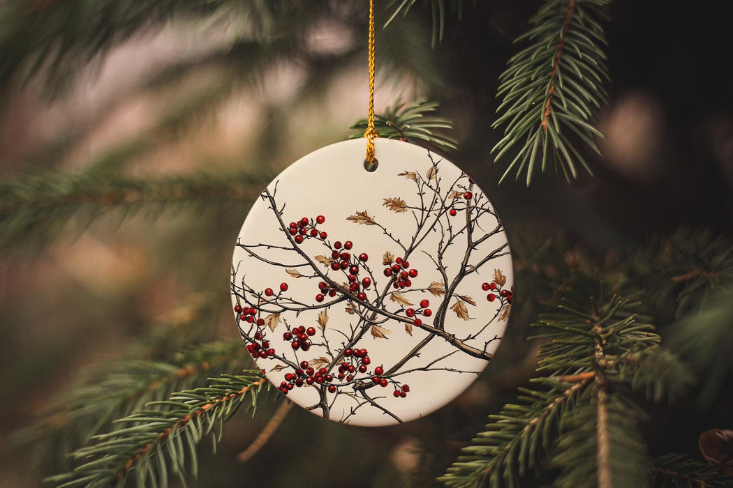 a christmas ornament hanging from a tree