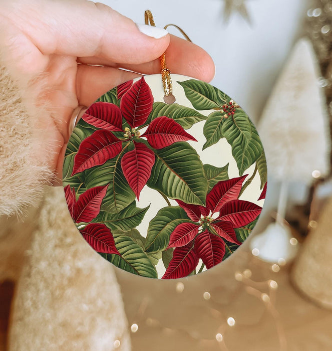 a hand holding a christmas ornament decorated with poinsettia leaves