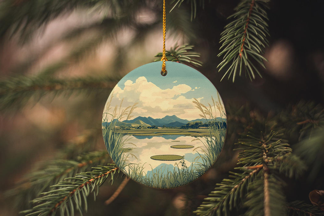 a christmas ornament hanging from a christmas tree