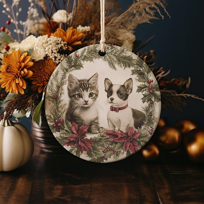 a christmas ornament with two kittens on it