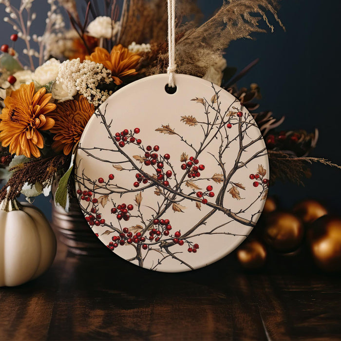 a white ceramic ornament with red berries and leaves