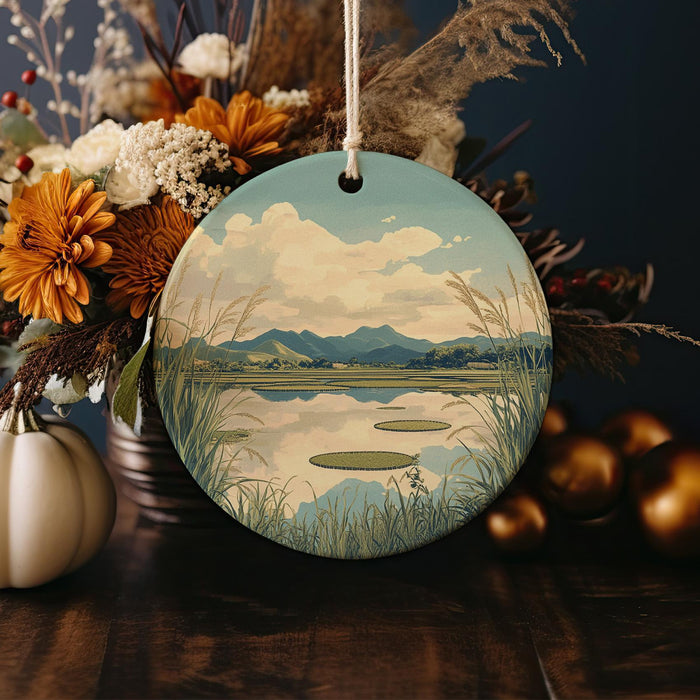 a ceramic ornament with a lake scene painted on it