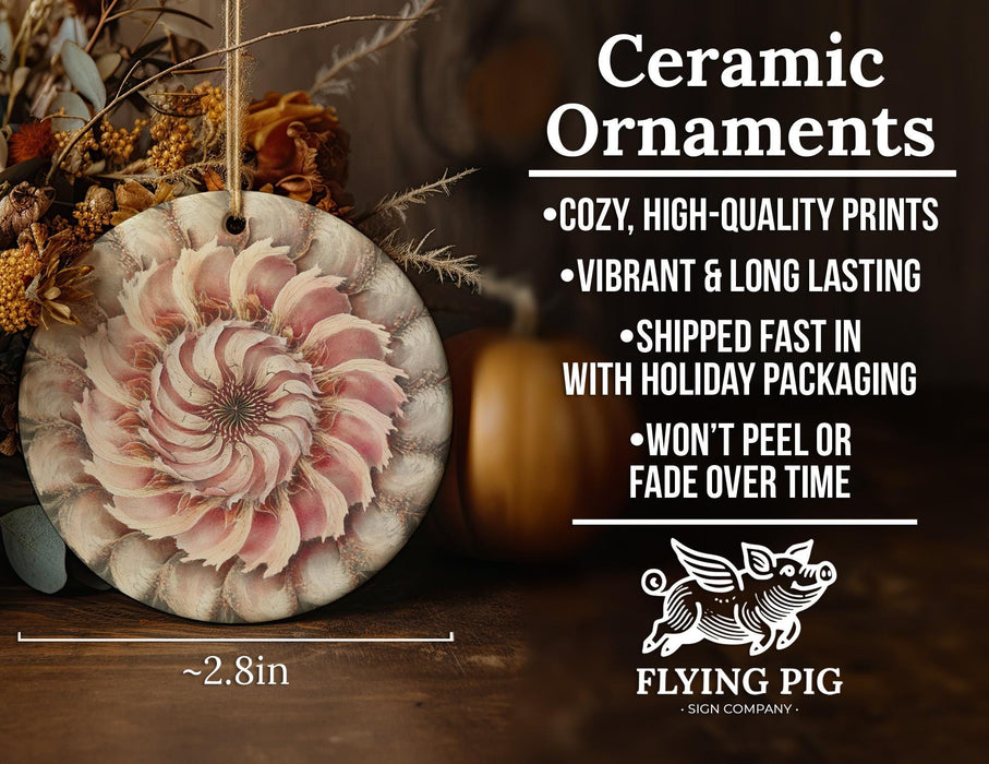 a ceramic ornament sitting on top of a wooden table