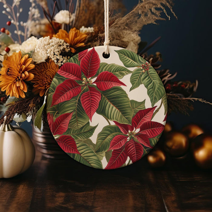 a christmas ornament hanging from a wooden table