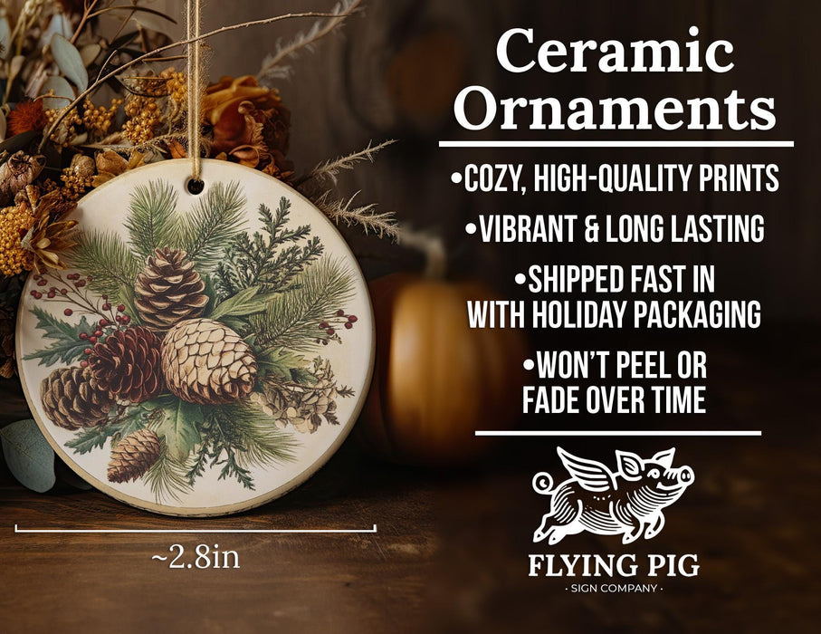 a ceramic ornament with pine cones and pine cones