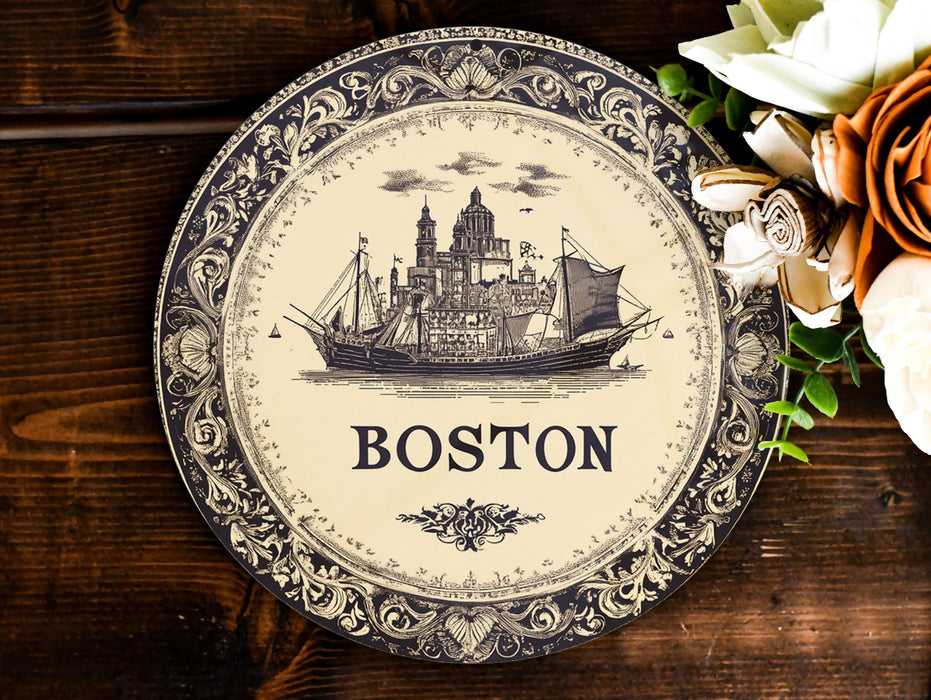 a plate with a picture of boston on it