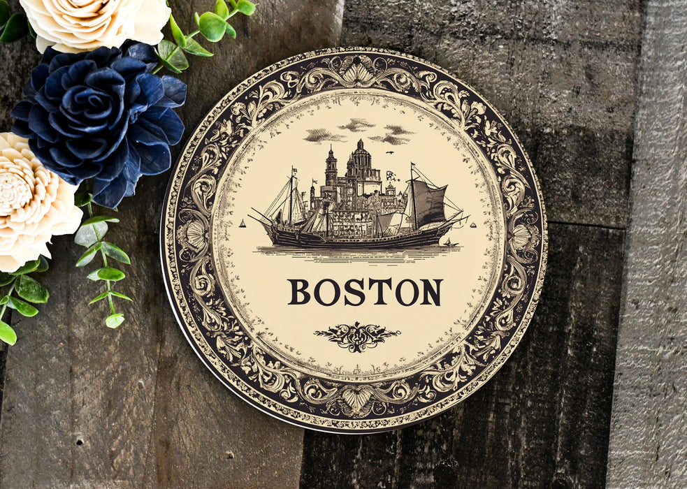a plate with a picture of boston on it