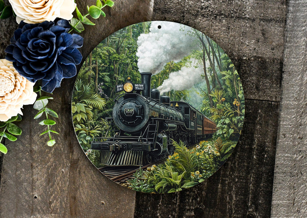 a painting of a train on a wooden surface