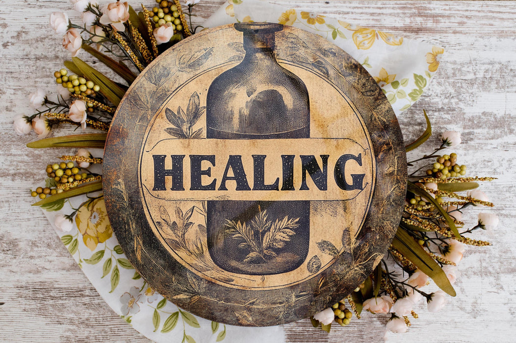 a picture of a bottle with the word healing on it