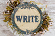 a white plate topped with flowers and writing