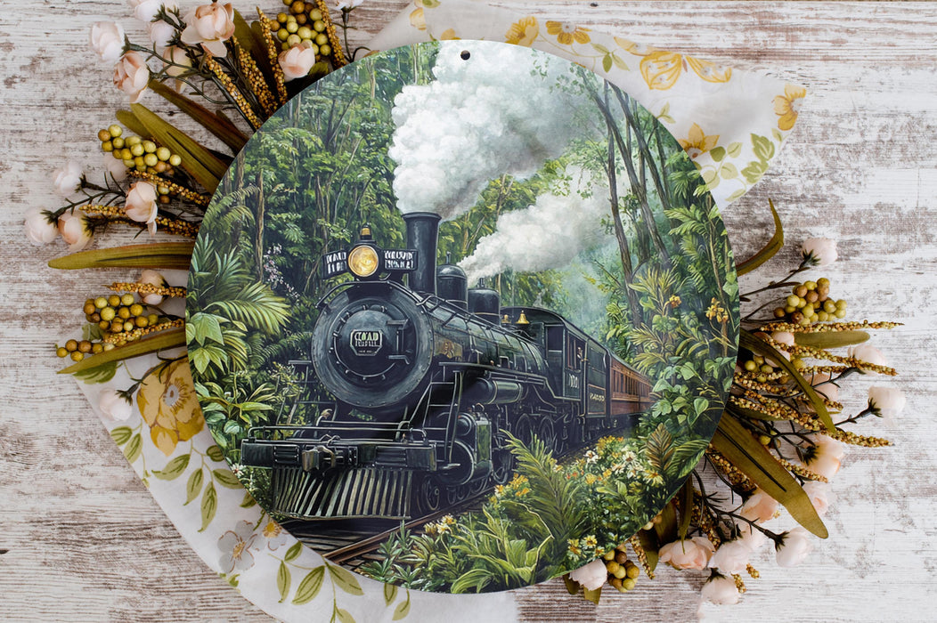 a painting of a train on a plate