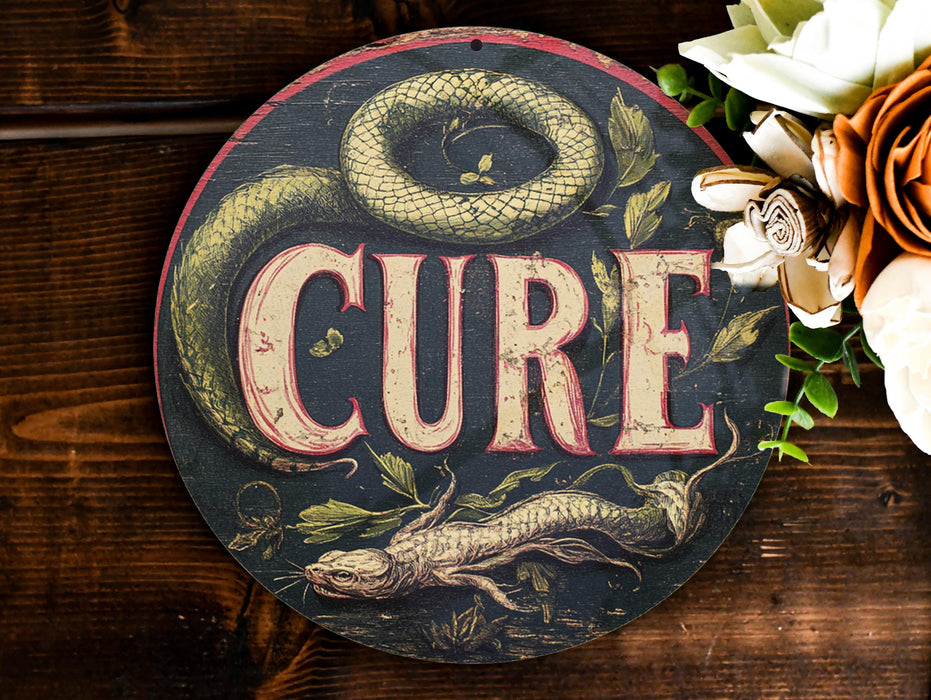 a sign with a snake and flowers on it