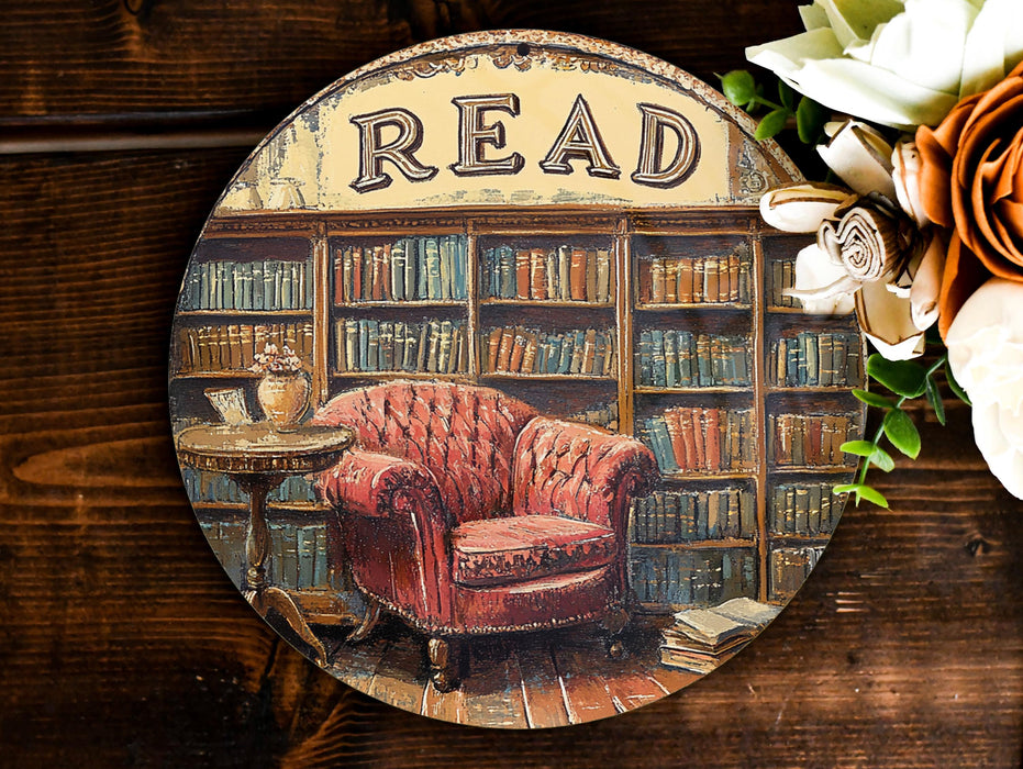 a picture of a red chair in front of a bookshelf