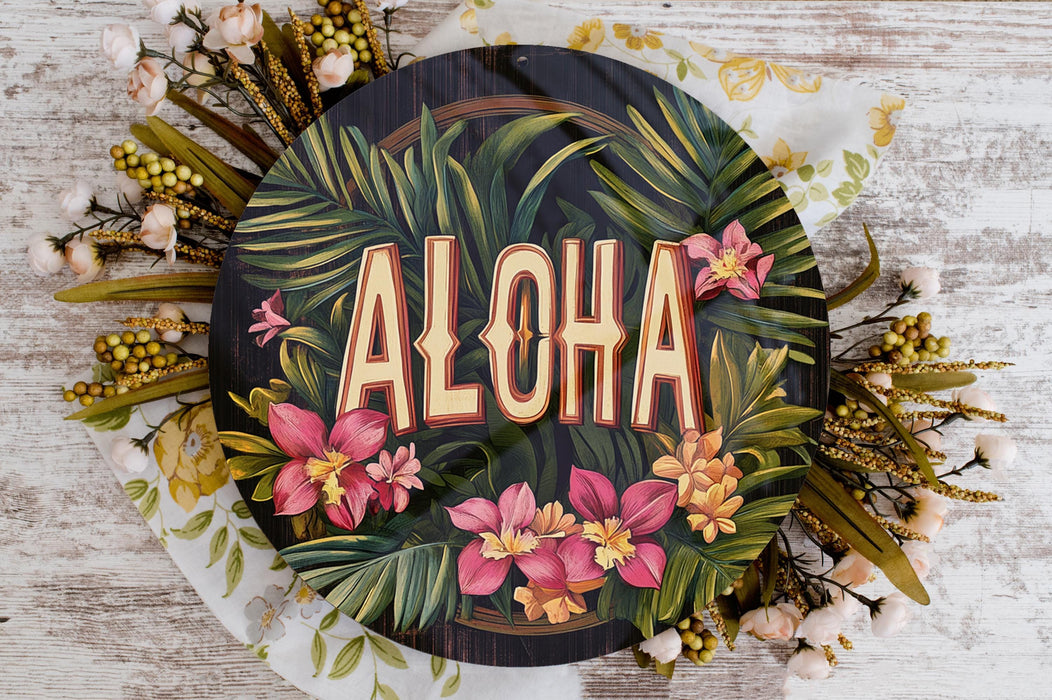 a sign that says aloha surrounded by flowers