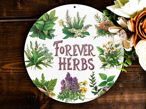 a sign that says forever herbs surrounded by flowers