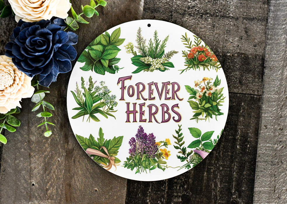 a sign that says forever herbs next to flowers