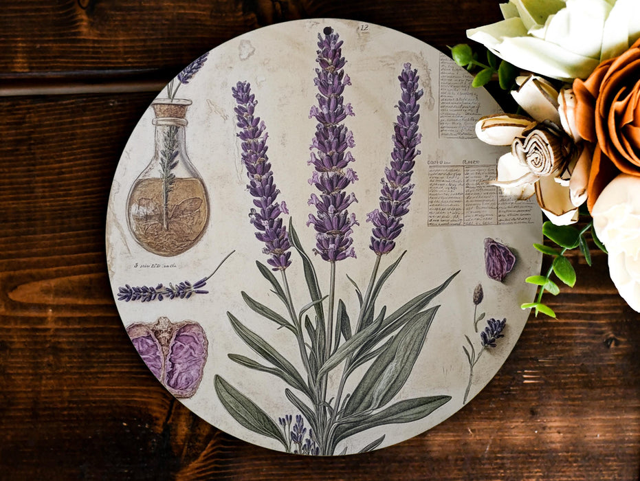 a plate with flowers and a bottle on it