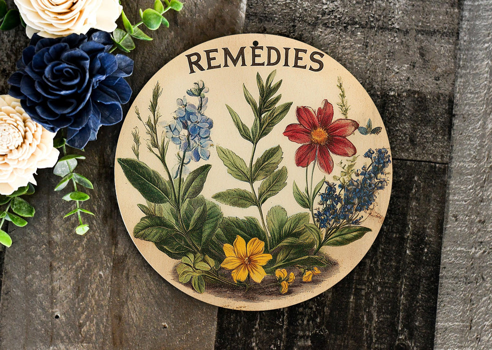 a plate with flowers and herbs painted on it