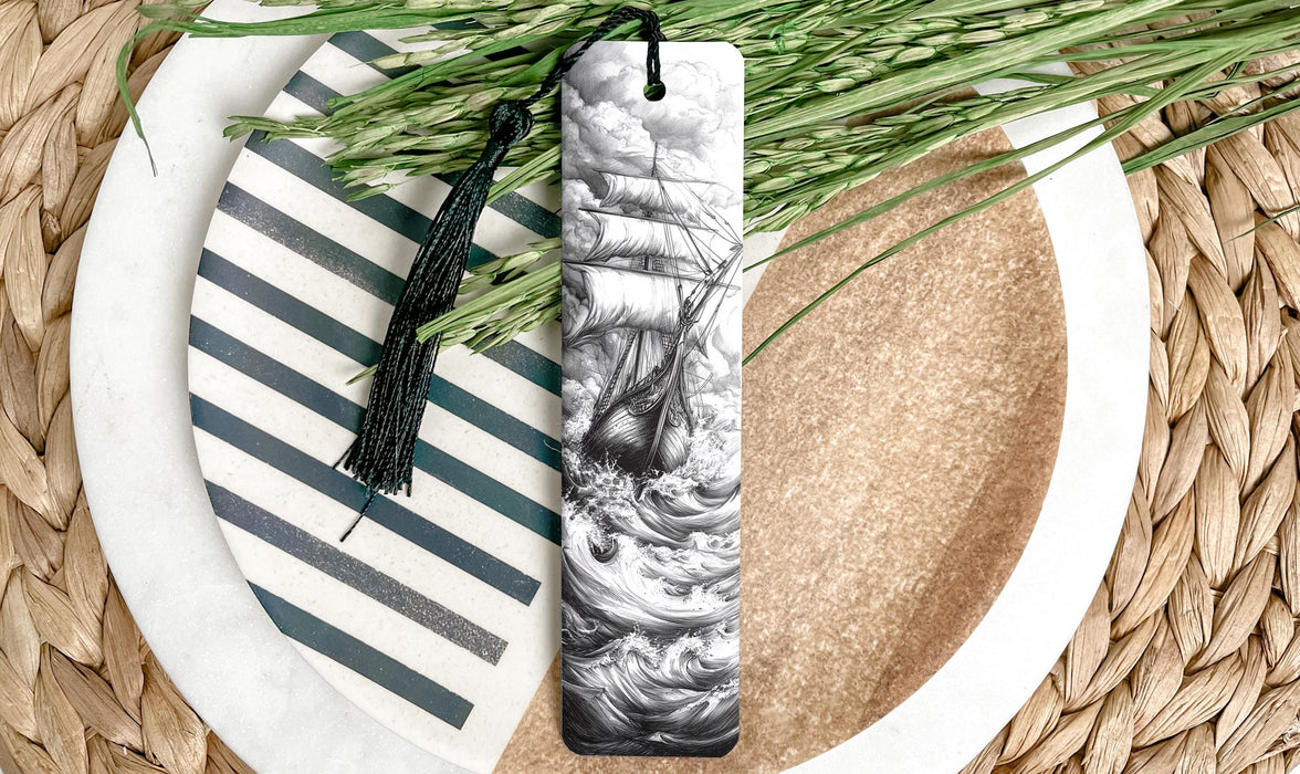 a bookmark with a picture of a ship on it