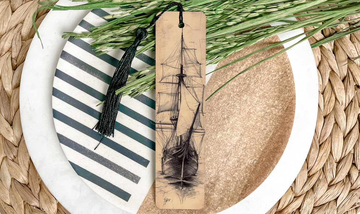a bookmark with a picture of a ship on it