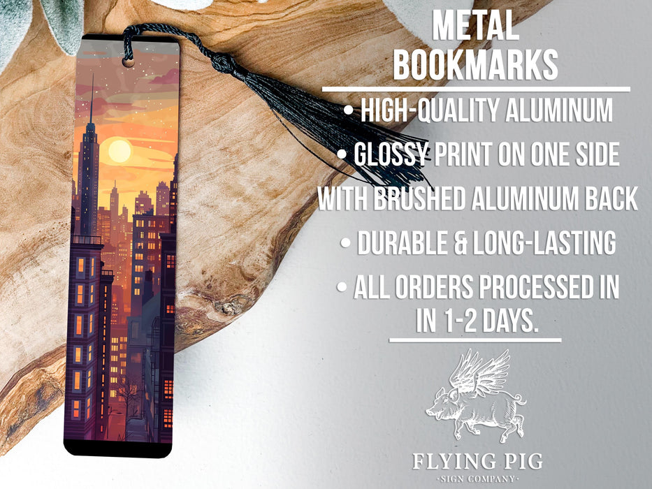 a bookmark with a picture of a city at sunset