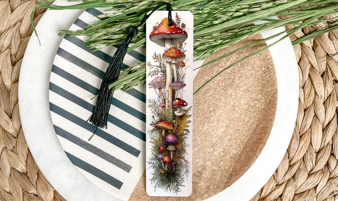 a bookmark with a picture of mushrooms on it