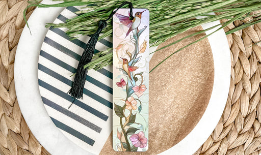 a close up of a plate with a bookmark