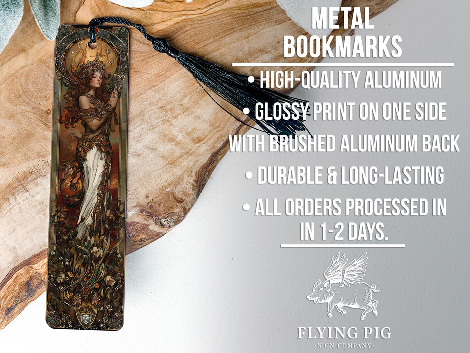 a metal bookmark with a picture of a woman on it