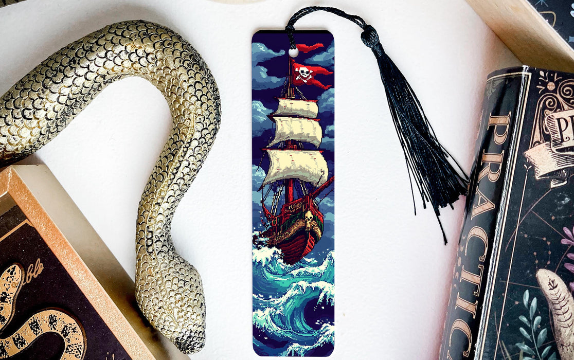 a bookmark with a pirate ship on it