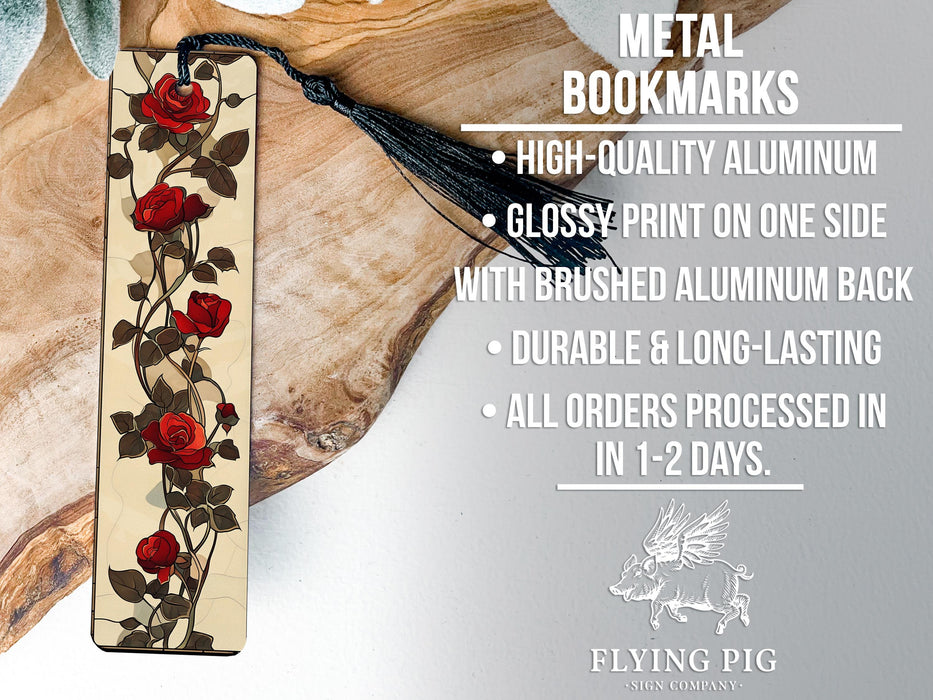 a bookmark with a red rose design on it