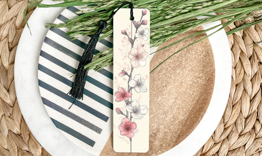 a close up of a plate with a bookmark